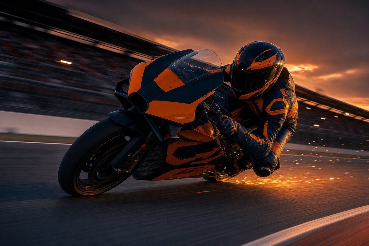 Motocicleta MotoGP con livery naranja KTM acelerando en pista al atardecer