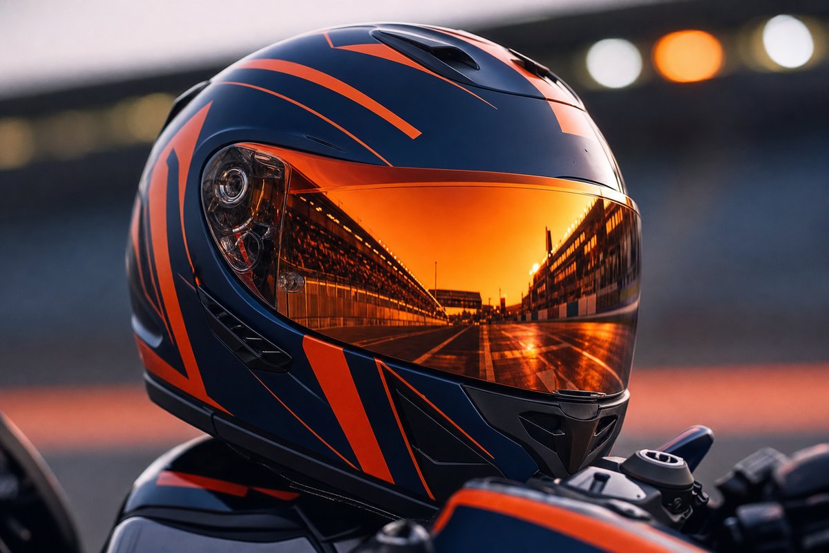 Casco de MotoGP con diseño azul marino y franjas naranjas KTM, visera espejada