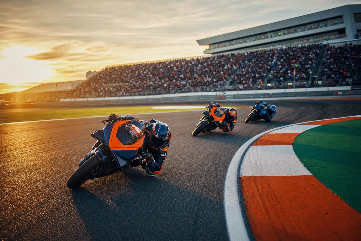 Vista aérea de tres motocicletas MotoGP en formación tomando una curva en circuito al atardecer